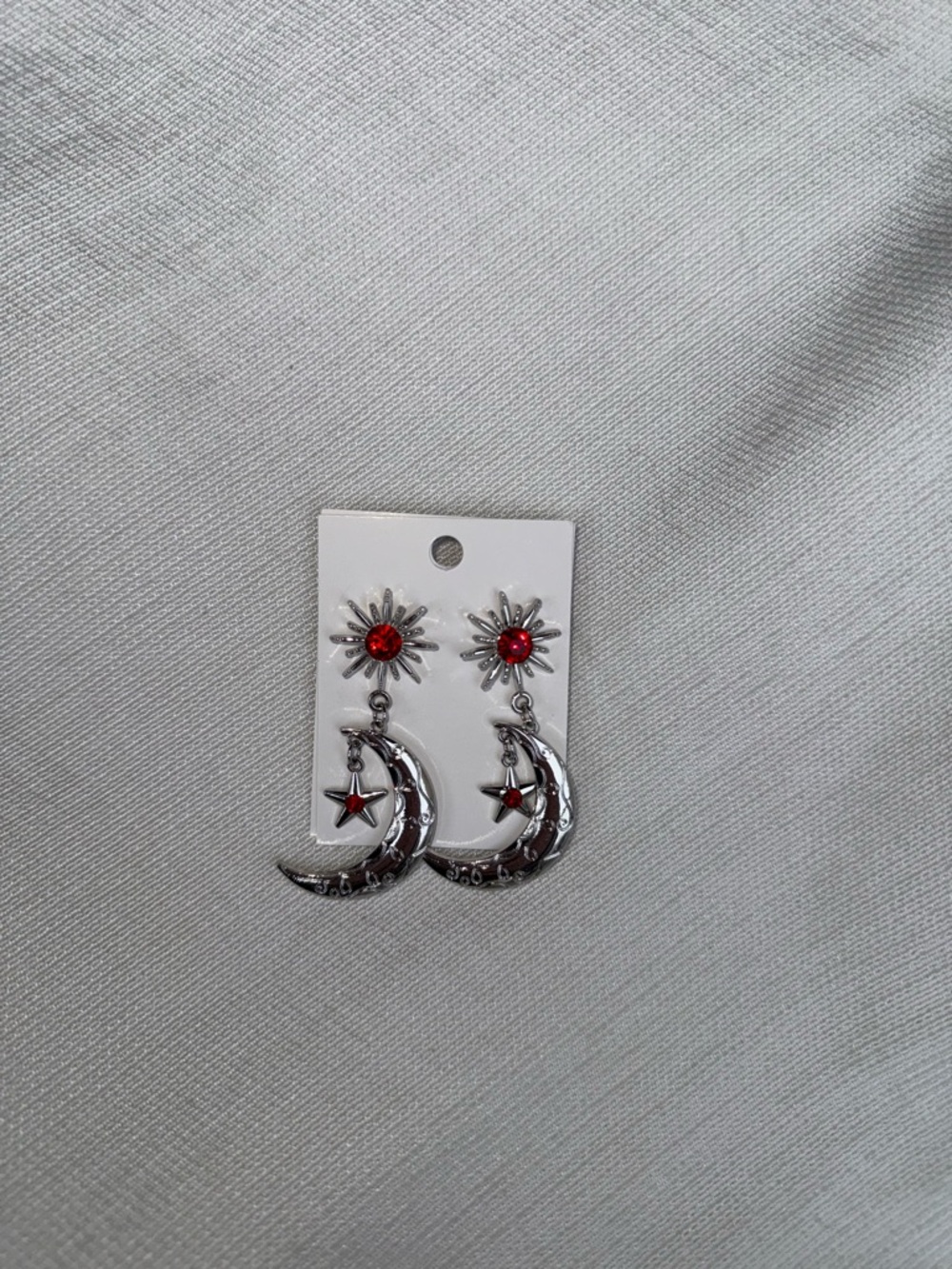 Silver Crescent Moon & Star Drop Earrings with Red Gem Accents - Picture 3 of 4